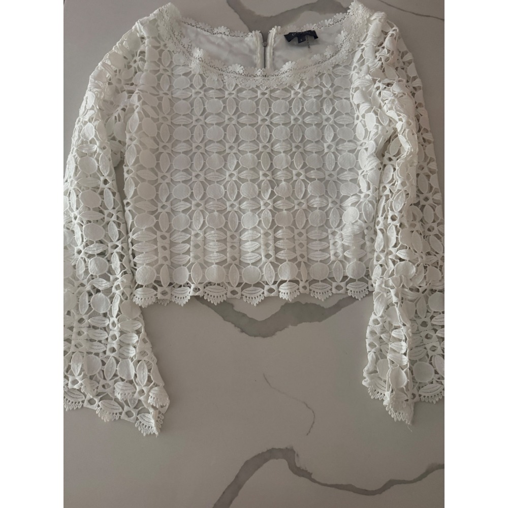 Gracia White Floral Lace Crop Top Long Sleeve Zipped Back Boho Blouse Large